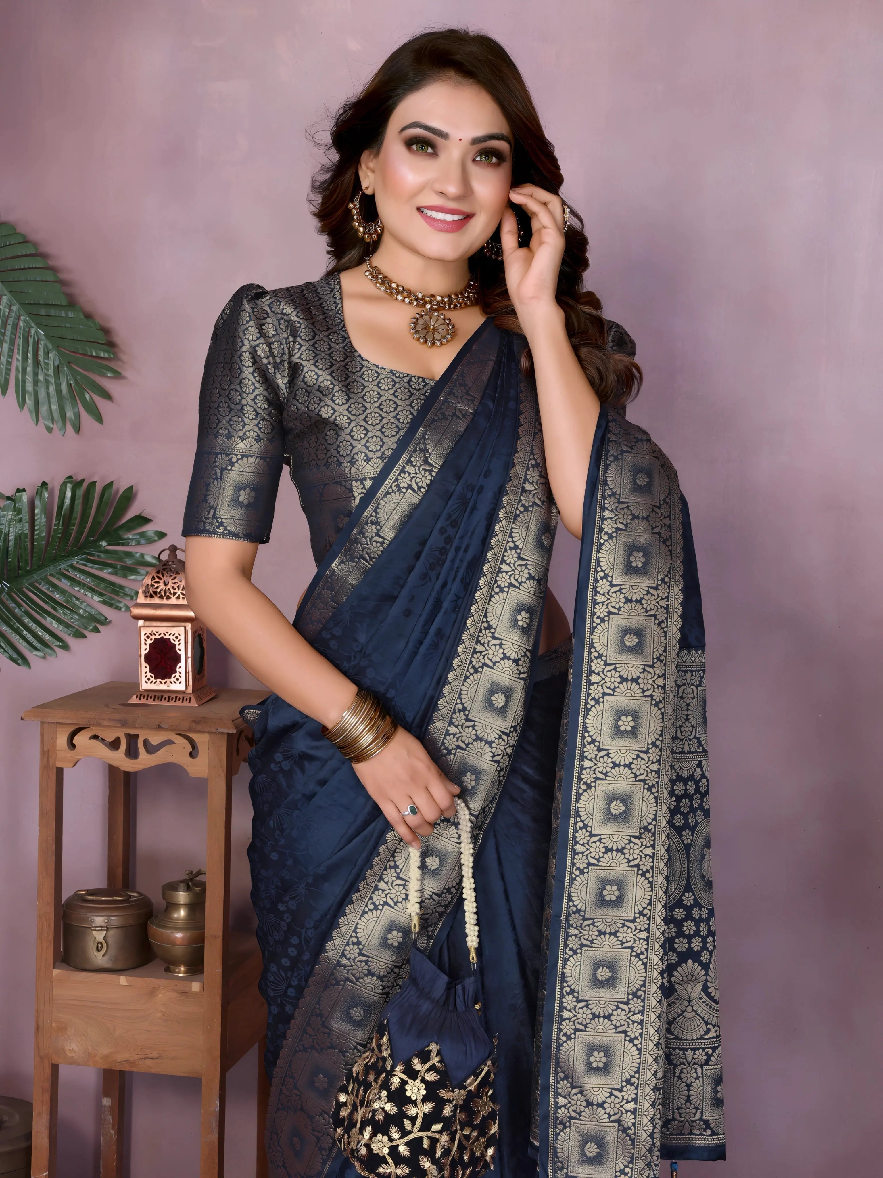 Navy Blue Zari Weaving Soft Satin Silk Saree
